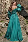 A Line Sweetheart Dark Green Long Formal Dress with Long Sleeves