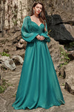 A Line Sweetheart Dark Green Long Formal Dress with Long Sleeves