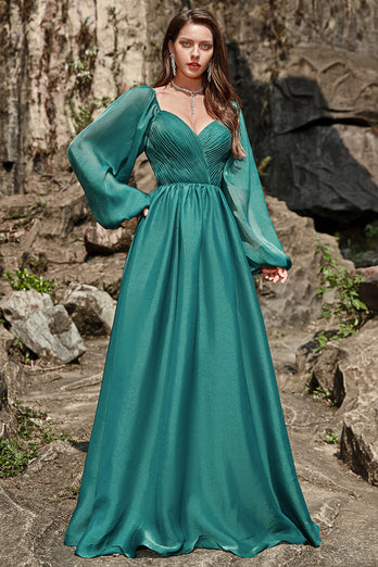 A Line Sweetheart Dark Green Long Formal Dress with Long Sleeves