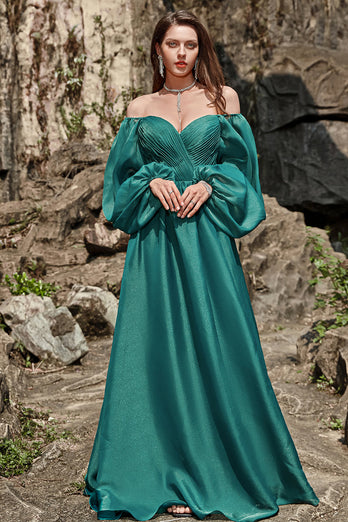 A Line Sweetheart Dark Green Long Formal Dress with Long Sleeves
