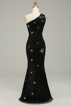 Sequins Mermaid One Shoulder Black Long Formal Dress with Star