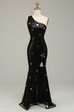 Sequins Mermaid One Shoulder Black Long Formal Dress with Star