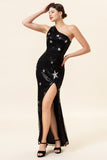 Sequins Mermaid One Shoulder Black Long Formal Dress with Star