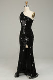 Sequins Mermaid One Shoulder Black Long Formal Dress with Star