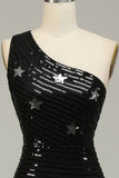 Sequins Mermaid One Shoulder Black Long Formal Dress with Star