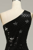 Sequins Mermaid One Shoulder Black Long Formal Dress with Star