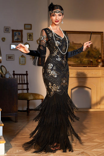 Sheath V Neck Black Sequins Long 1920s Flapper Dress with Fringes