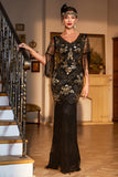 Sheath V Neck Black Sequins Long 1920s Flapper Dress with Fringes