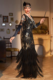 Sheath V Neck Black Sequins Long 1920s Flapper Dress with Fringes