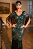 Sheath V Neck Dark Green Sequins Long 1920s Flapper Dress with Fringes