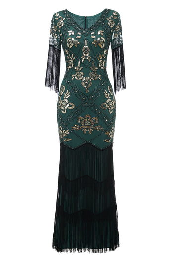 V Neck Black Long 1920s Flapper Dress with Sequins and Fringes