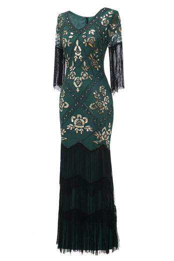 V Neck Black Long 1920s Flapper Dress with Sequins and Fringes