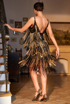 Spaghetti Straps Black Golden 1920s Dress with Fringes