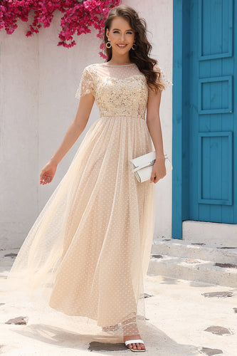 A Line Tulle Apricot Sequins Formal Dress with Appliques