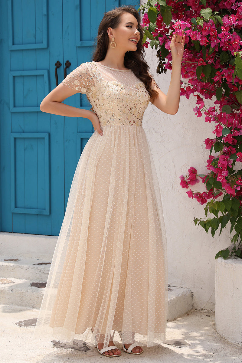 Load image into Gallery viewer, A Line Tulle Apricot Sequins Formal Dress with Appliques