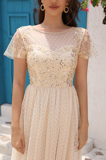A Line Tulle Apricot Sequins Formal Dress with Appliques