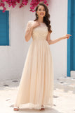 A Line Tulle Apricot Sequins Formal Dress with Appliques