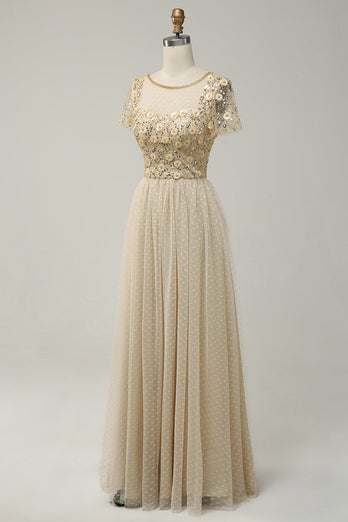 Apricot Tulle A Line Sequins Formal Dress with Appliques