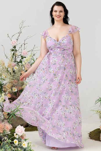 Purple Floral Print Plus Size Bridesmaid Dress