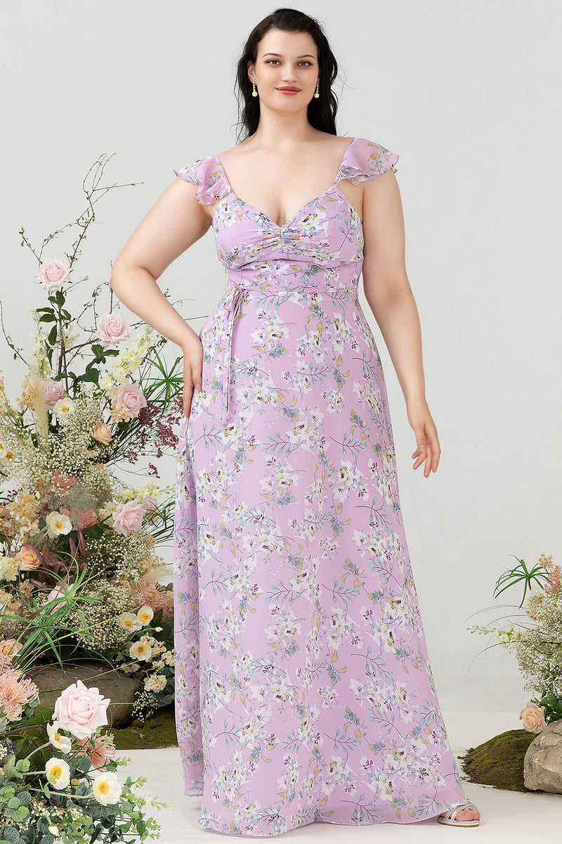 Load image into Gallery viewer, Purple Floral Print Plus Size Bridesmaid Dress