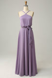 A Line Halter Purple Long Bridesmaid Dress with Bowknot