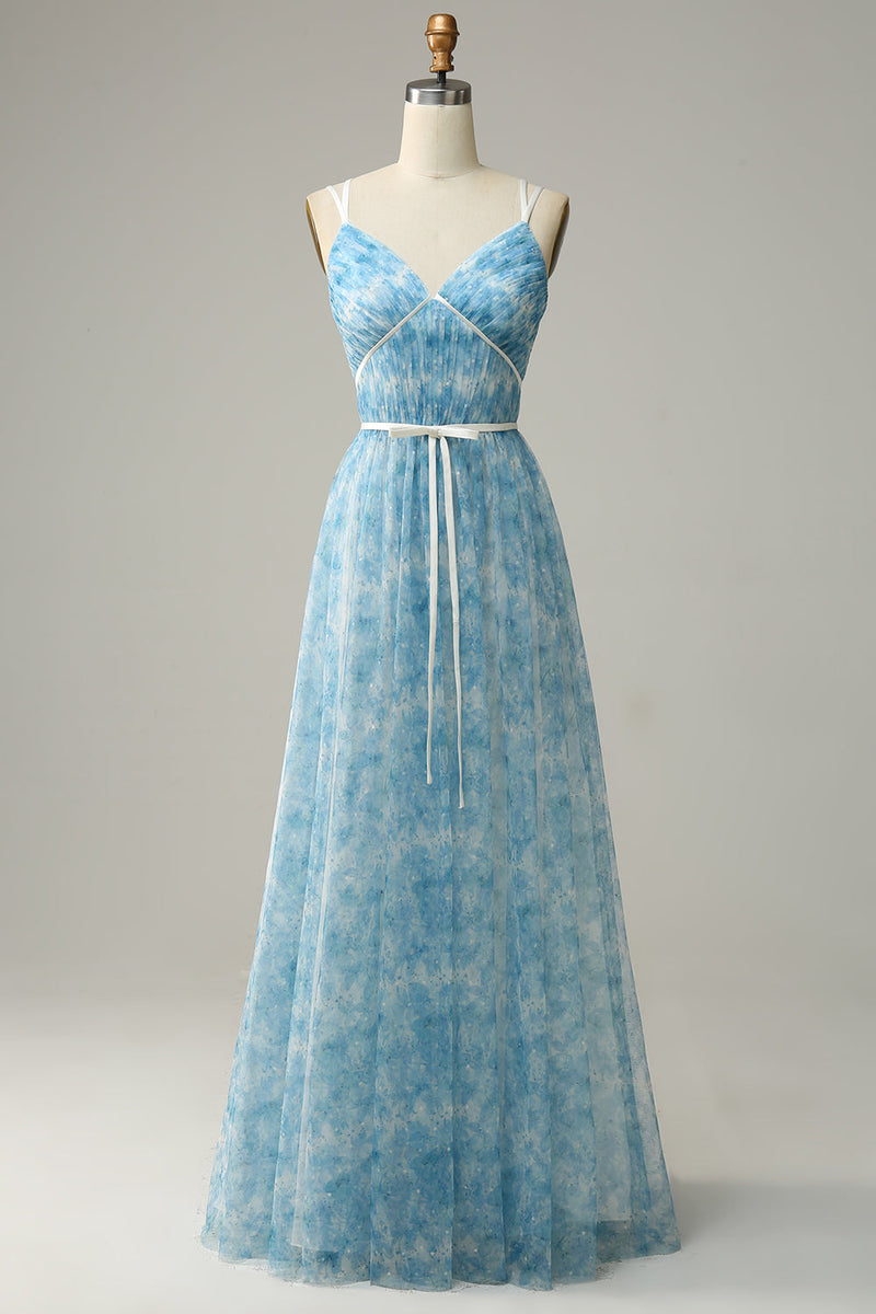 Load image into Gallery viewer, Blue Printed A-Line Tulle Long Bridesmaid Dress