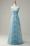 Blue Printed A-Line Tulle Long Bridesmaid Dress