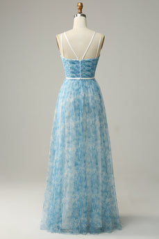 Blue Printed A-Line Tulle Long Bridesmaid Dress
