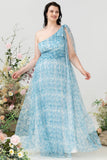 Blue Print One Shoulder Plus Size Bridesmaid Dress