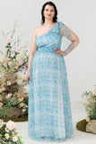 Blue Print One Shoulder Plus Size Bridesmaid Dress