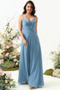 Load image into Gallery viewer, A Line Spaghetti Straps Grey Blue Long Bridesmaid Dress with Criss Cross Back