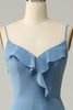 Load image into Gallery viewer, A Line Spaghetti Straps Grey Blue Long Bridesmaid Dress with Ruffles