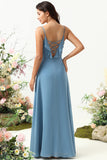 A Line Spaghetti Straps Grey Blue Long Bridesmaid Dress with Criss Cross Back