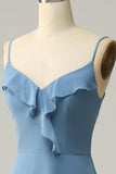 A Line Spaghetti Straps Grey Blue Long Bridesmaid Dress with Ruffles