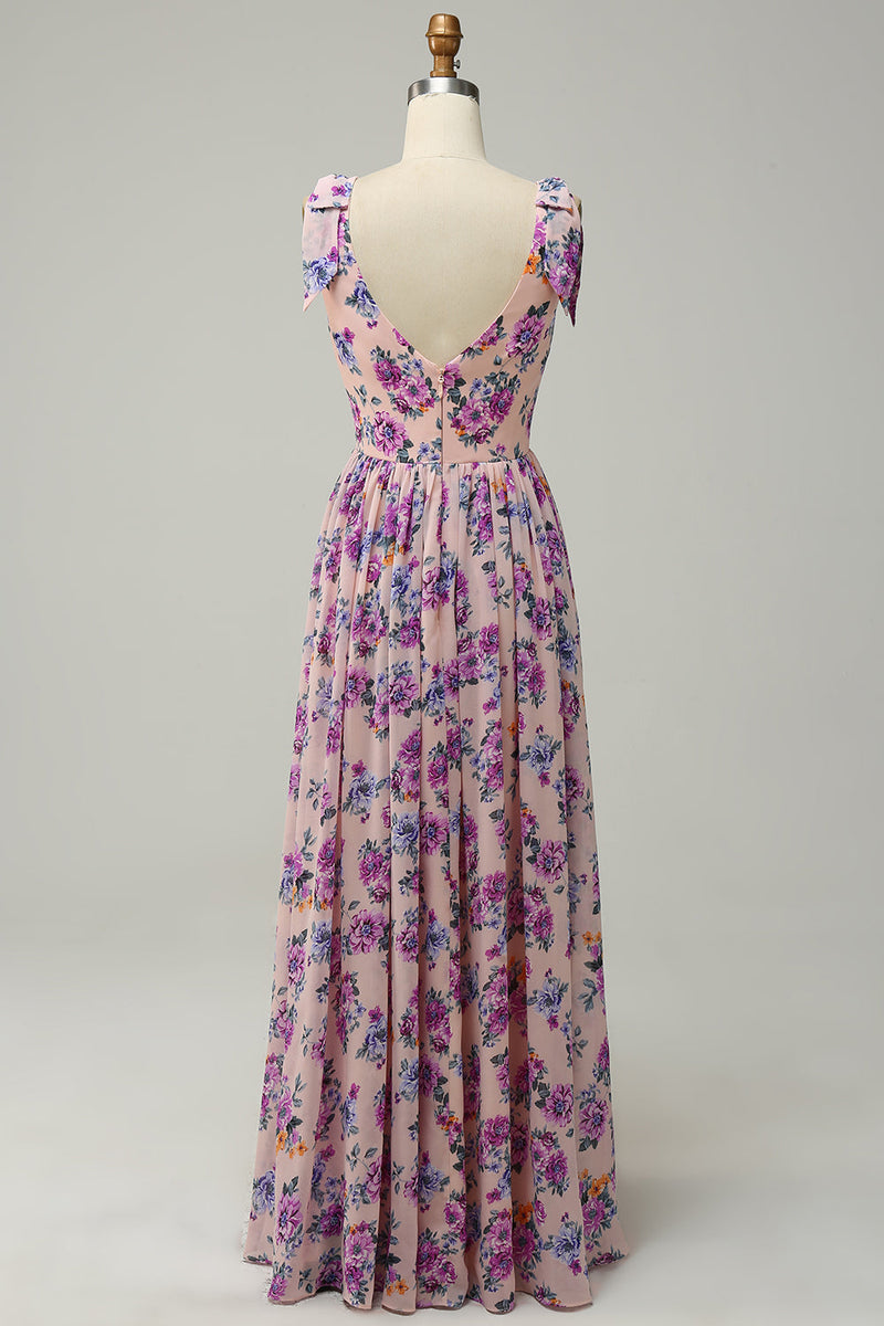 Load image into Gallery viewer, A Line V Neck Pink Floral Printed Long Bridesmaid Dress