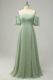 A Line Off the Shoulder Green Long Plus Size Bridesmaid Dress with Ruffles