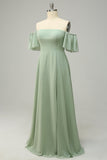 A Line Off the Shoulder Green Long Plus Size Bridesmaid Dress with Ruffles