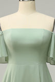 A Line Off the Shoulder Green Long Plus Size Bridesmaid Dress with Ruffles