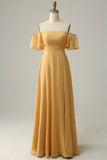 A Line Off the Shoulder Yellow Flower Printed Plus Size Bridesmaid Dress