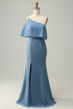 Sheath One Shoulder Blue Plus Size Bridesmaid Dress with Silt