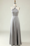 Simple Grey Halter Long Bridesmaid Dress with Slit