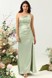 One Shoulder Satin Ruffles Wedding Guest Dress with Slit