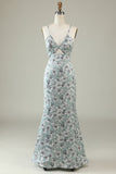 Grey Green Mermaid Floral Bridesmaid Dress