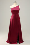 Burgundy Plus Size One Shoulder Long Bridesmaid Dress