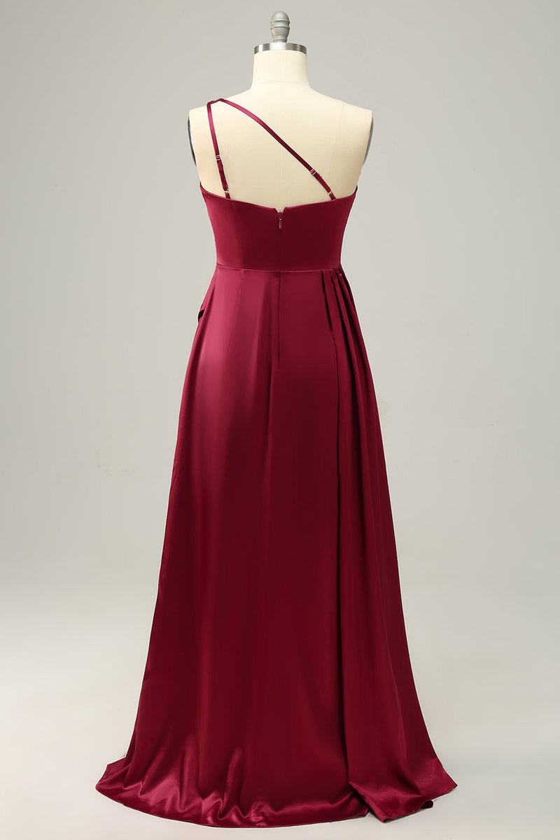 Load image into Gallery viewer, Burgundy Plus Size One Shoulder Long Bridesmaid Dress