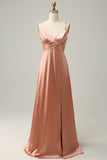 Blush Spaghetti Straps A Line Bridesmaid Dress With Slit