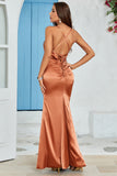 Simple Copper Mermaid Backless Long Wedding Guest Dress