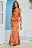 Simple Copper Mermaid Backless Long Wedding Guest Dress