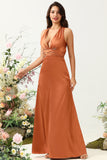 A Line Halter Neck Copper Long Bridesmaid Dress with Criss Cross Back