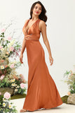 A Line Halter Neck Copper Long Bridesmaid Dress with Criss Cross Back